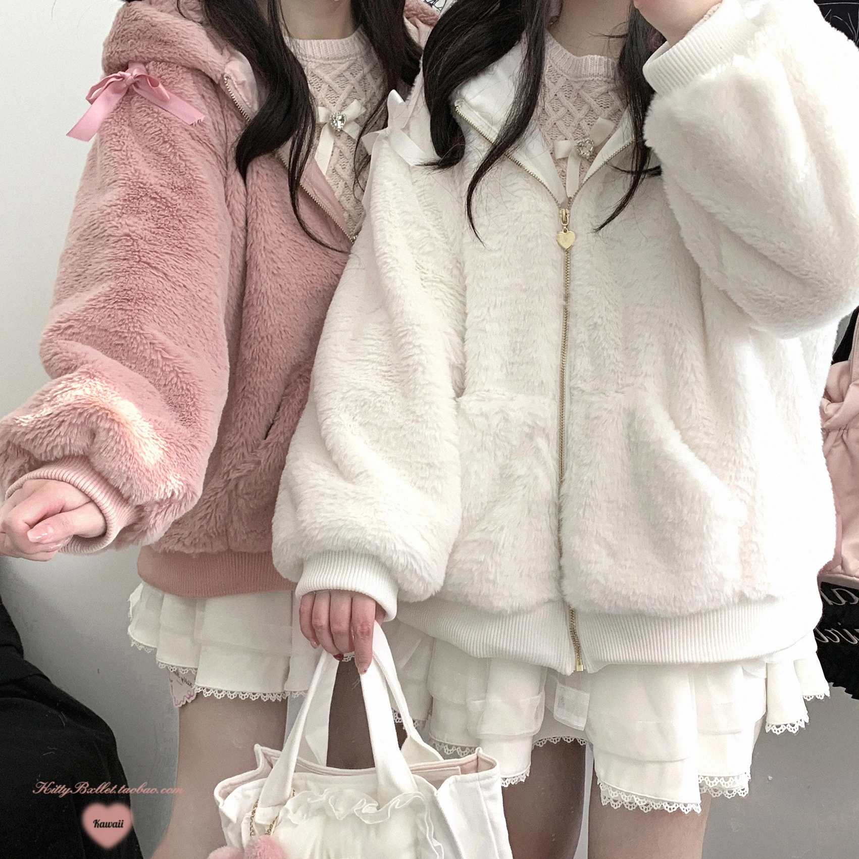 Japanese Style Tie-Up Long Sleeve Sweet Pink Plush Bunny Ear Zipper Lace-Up Hooded Jacket Winter Clothes Women Faux Fur Coats