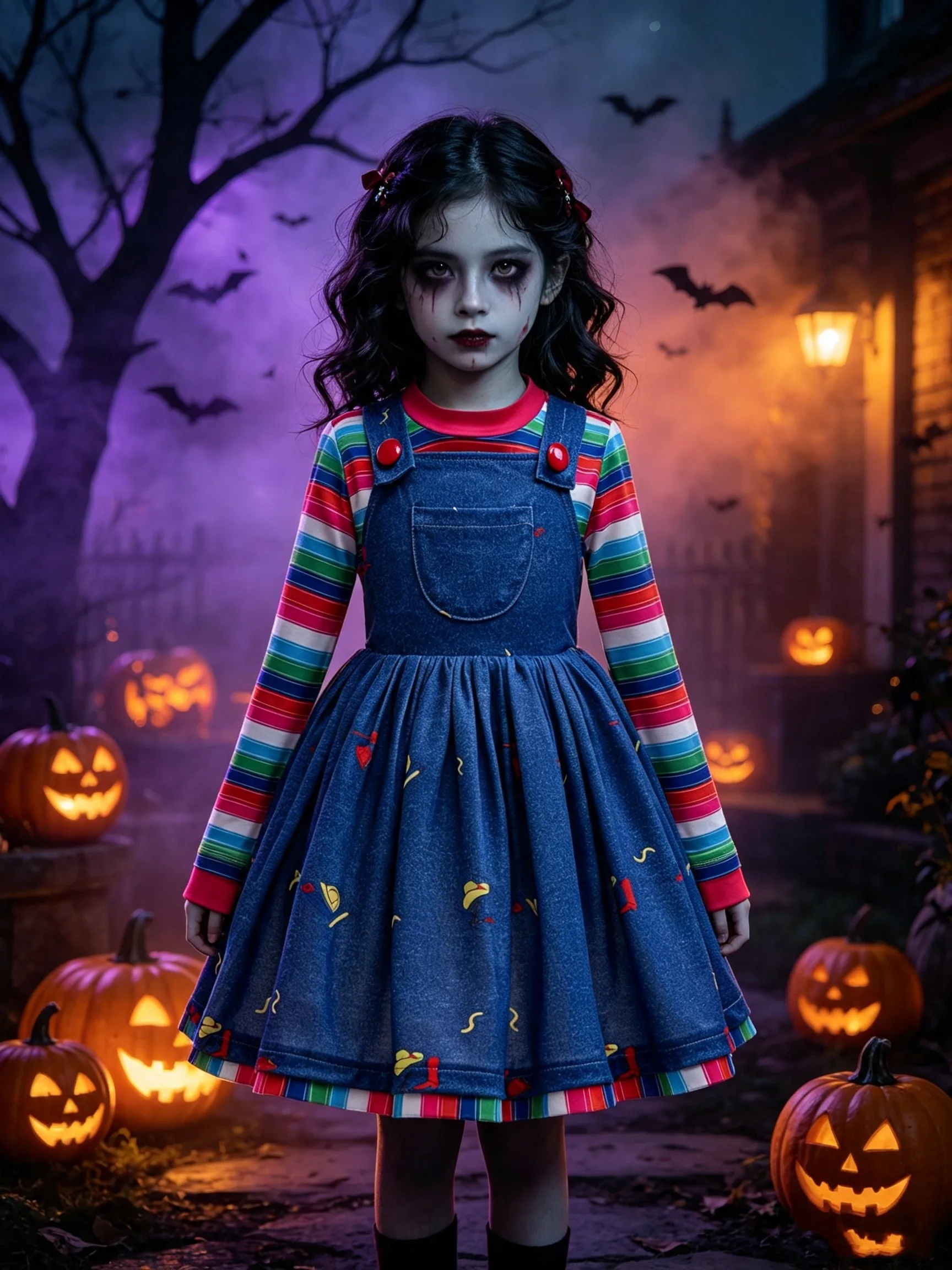 Neues Mädchenkleid 2026 Halloween Cosplay Geister-Baby-Chaji-Kleid Zweiteiliges Set Gestreiftes Langarm-Oberteil + Jeans-Trägerkleid Flauschiges Kleid 2