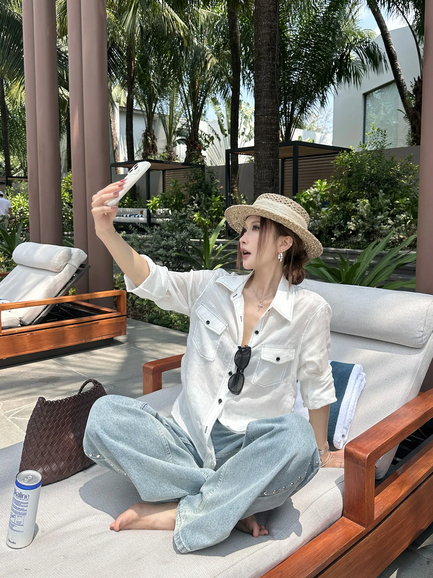【FANGTING】White Ramie Workwear Shirt Women Summer Contrast Line Loose Lightweight Casual Blouse