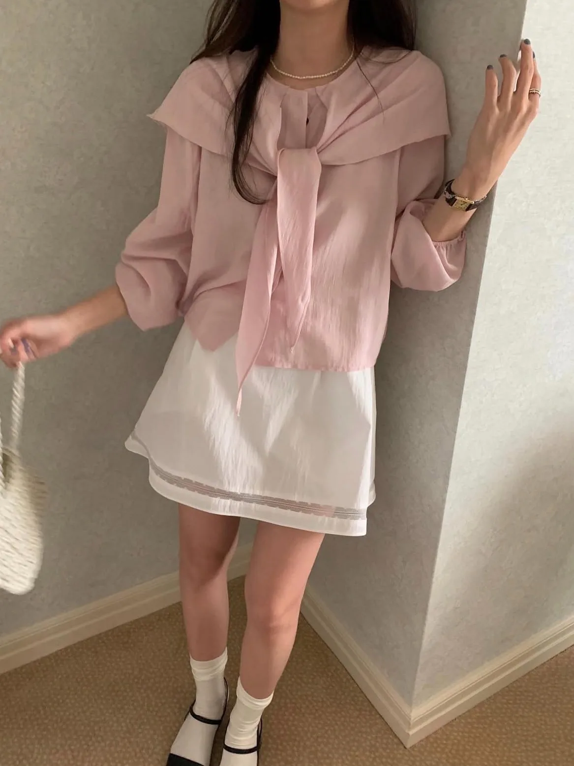 

Женский корейский топ с завязками Sweet Tied Design Long Sve Irt, ранняя осень, новый модный топ с загадочной атмосферой для поездок на работу и ветер