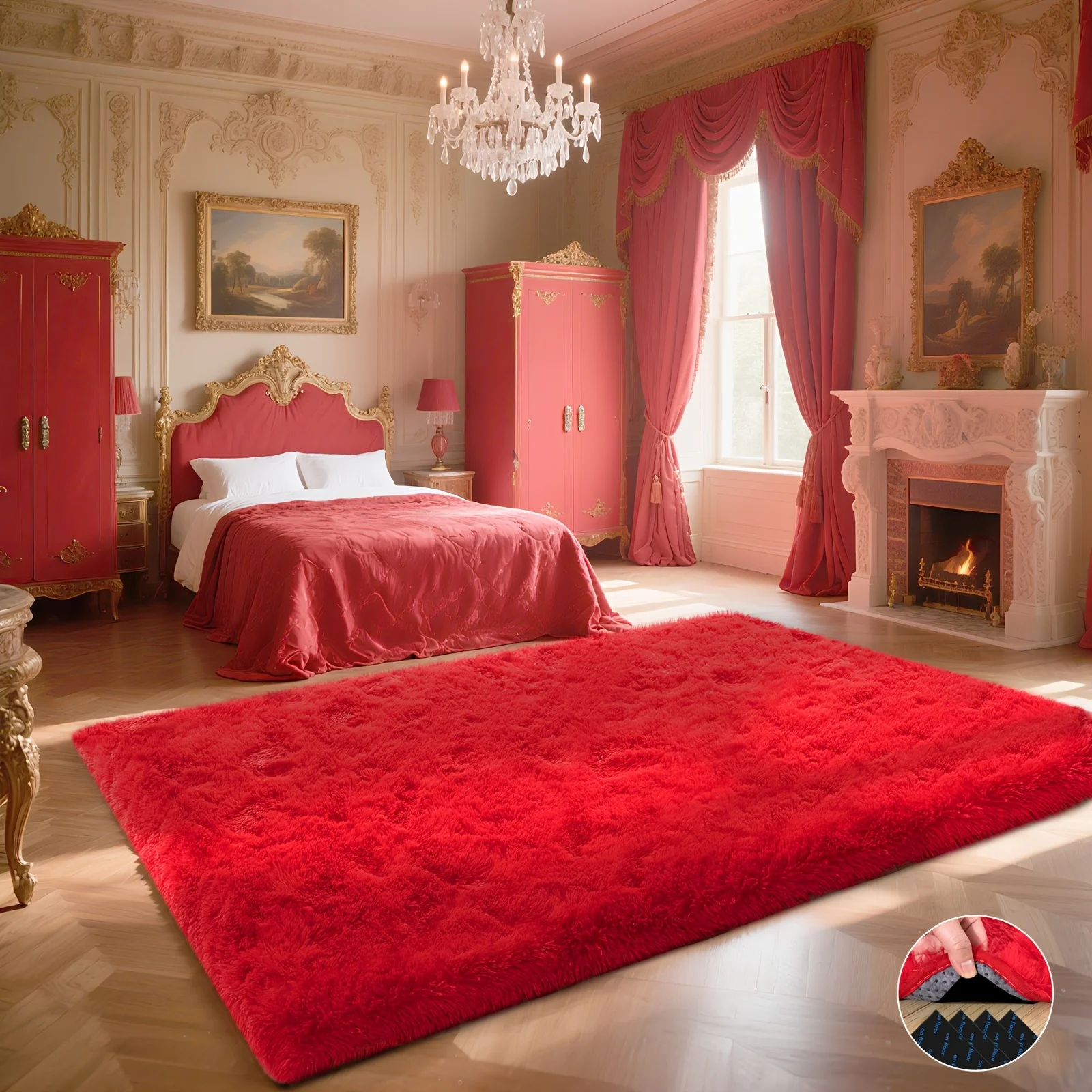 Fourth Room Decor Rug,fluffy Soft Shaggy Non-slip Red Rugs for Living Room