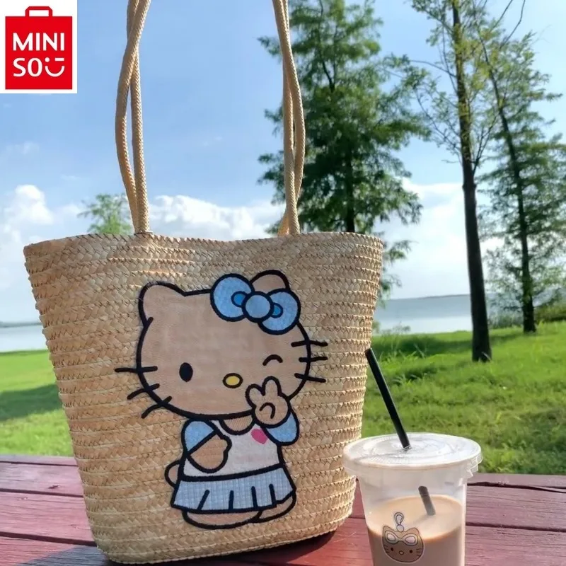 MINISO 2024 Fashion Woven Vegetable Basket Cute Girl Handbag Women's Sweet Large Capacity Versatile Outdoor Beach Bag