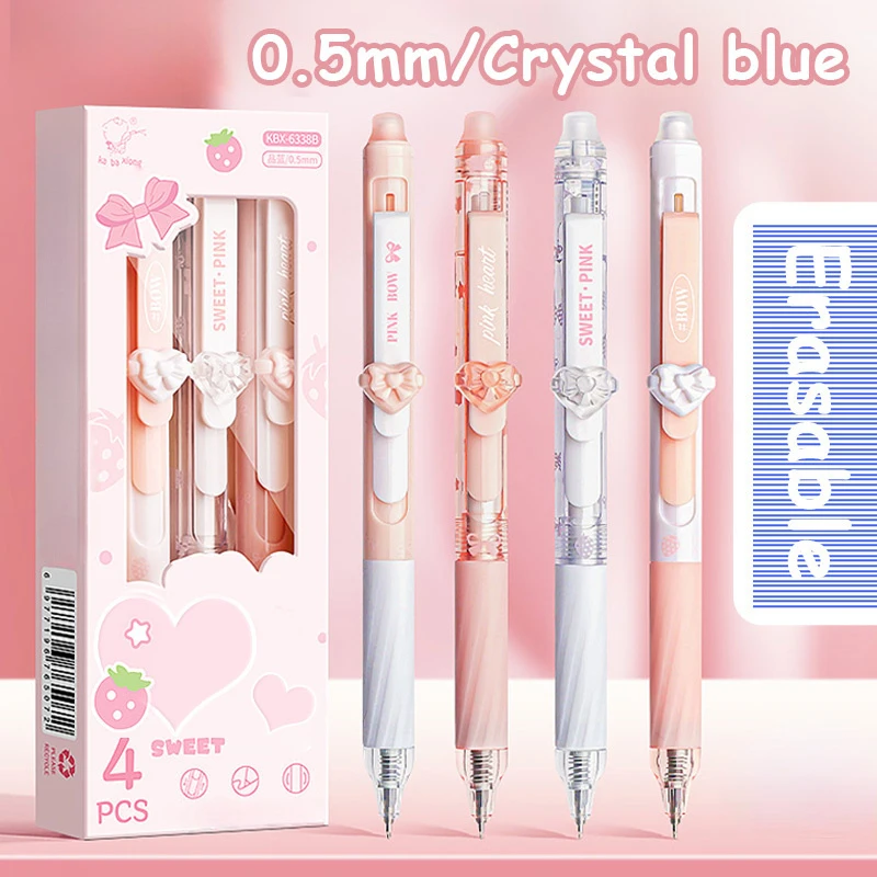 

4 Erasable Neutral Pens, Comfort Grip, 0.5mm Fine Tip, and Blue Ink, Cute Design with Bow and Strawberry Decorations