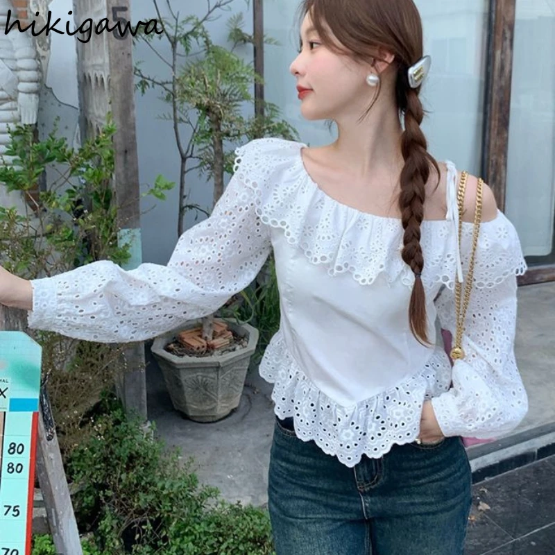 2025 Blusas Mujer De Moda camisas blancas manga larga cuello barco Blusas ahuecadas moda dulce fuera del hombro blusa Tops Mujer