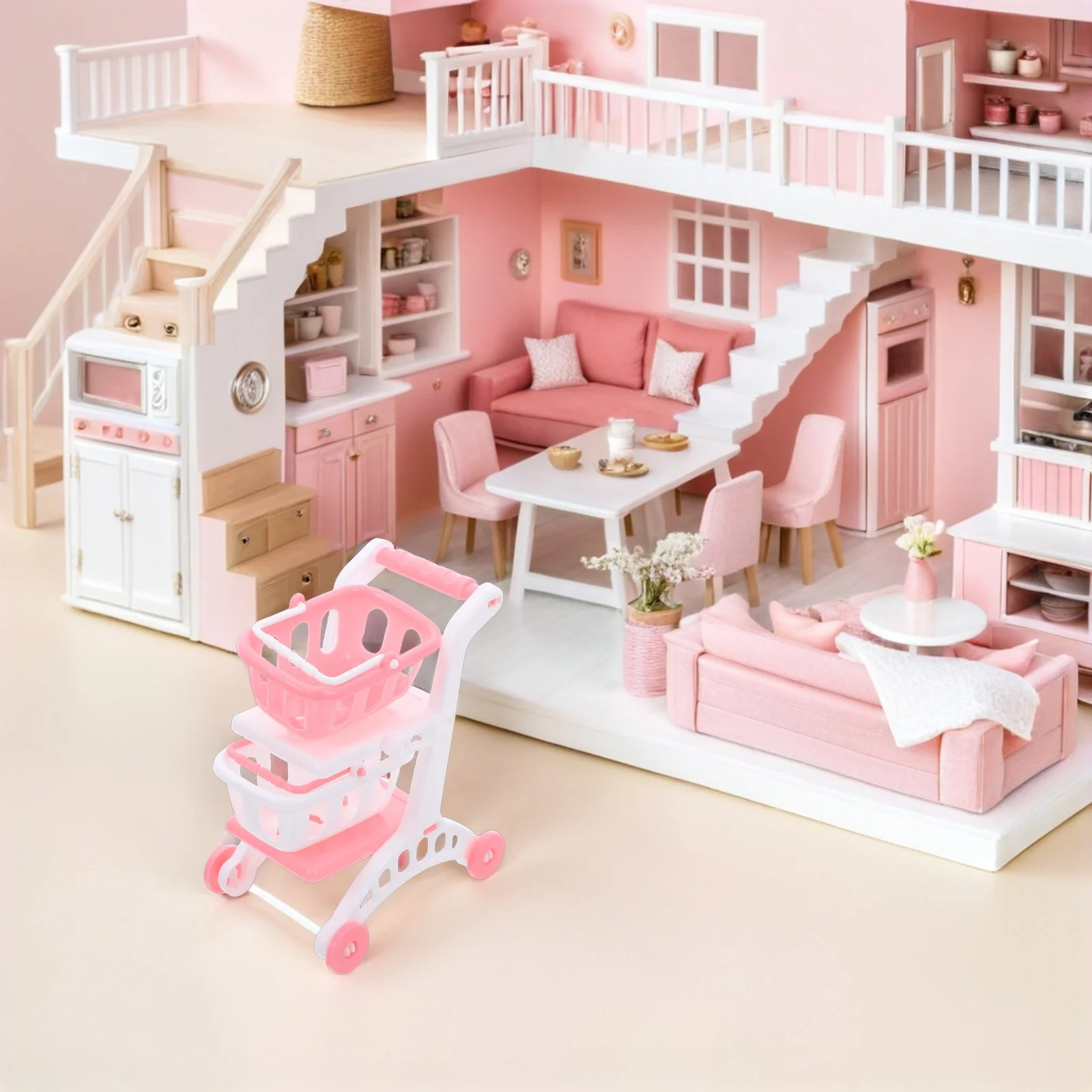 8個 子供用スーパーマーケットショッピングカート ミニ食料品カート 幼児向けごっこ遊び用 二層収納 軽量 屋内用