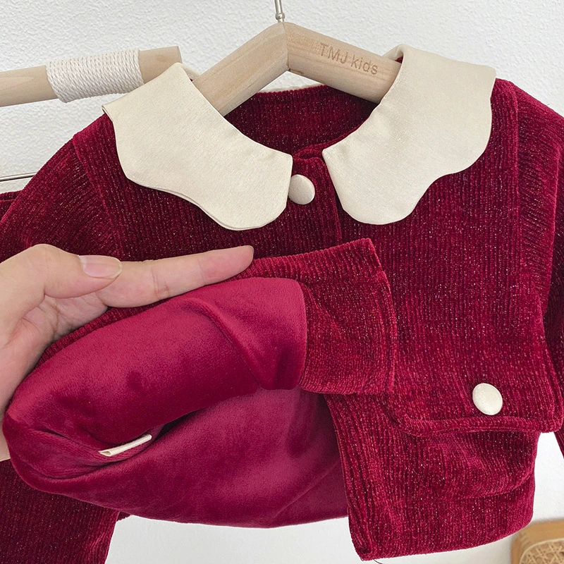 New Year Girl Color-blocked Lapel Bow Corduroy Winter Warm Jacket Casual Red Temperament Skirt Baby Girl Clothes