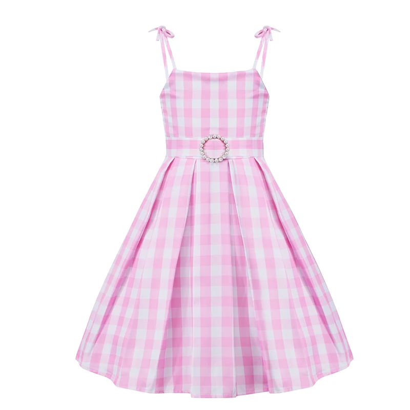 Girls Sweet Plaid Pink Dress, Sleeveless Halter Princess Dress, Party Role Play Costumes With Accessories