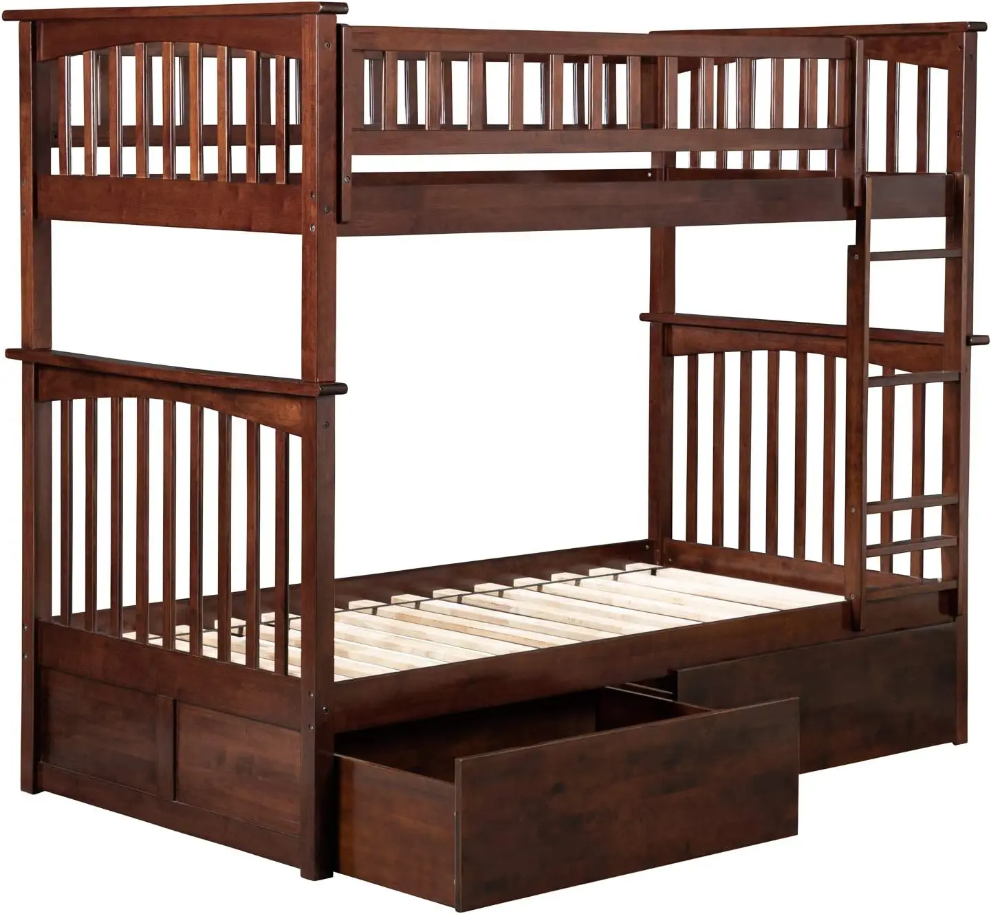 Columbia Twin Over Twin Size Bunk Bed With Bed Drawers & Charging Station In Walnut