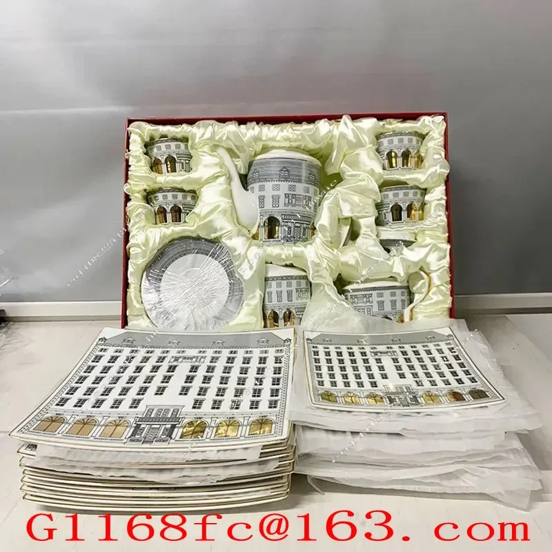 Swan Castle Bone China Coffee Cup Square Plate European Gold Roman Building Tea Set Model Room Decoration Teacup