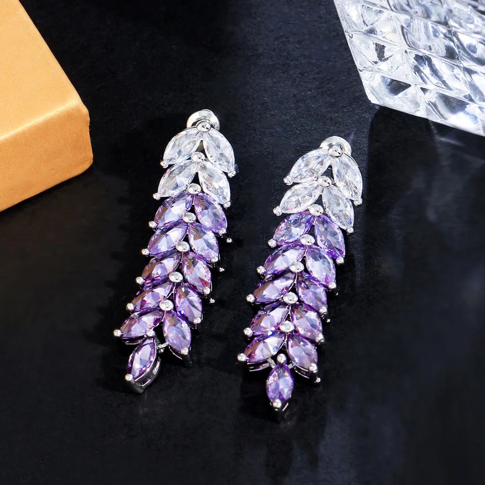 CWWZircons Marquise Cut Cubic Zirconia Setting Elegant Leaf Shape Dangly Long Drop Purple Earrings for Women CZ Jewelry CZ606