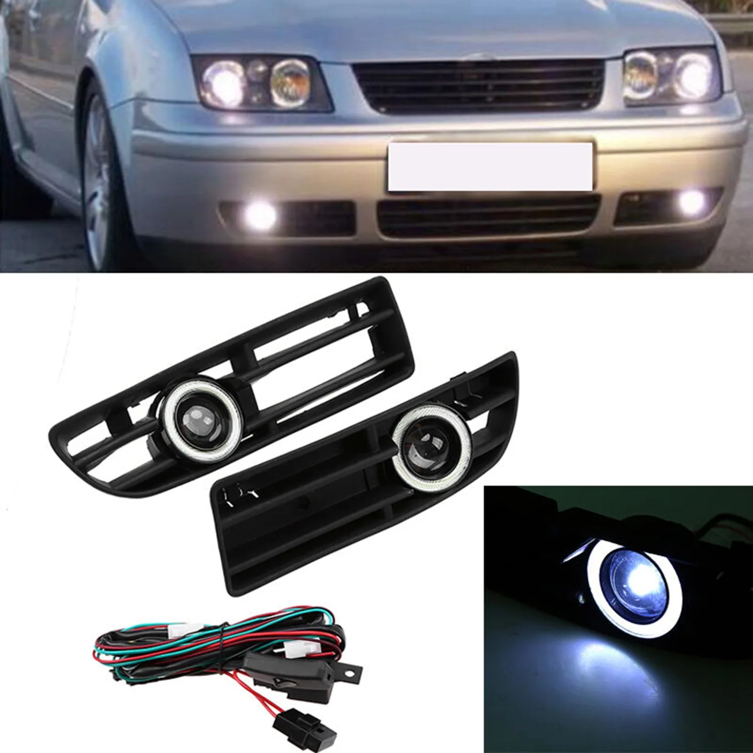 Car Angel Eyes LED Running Front Bumper Fog Light Grilles for Golf MK4 1998-2004