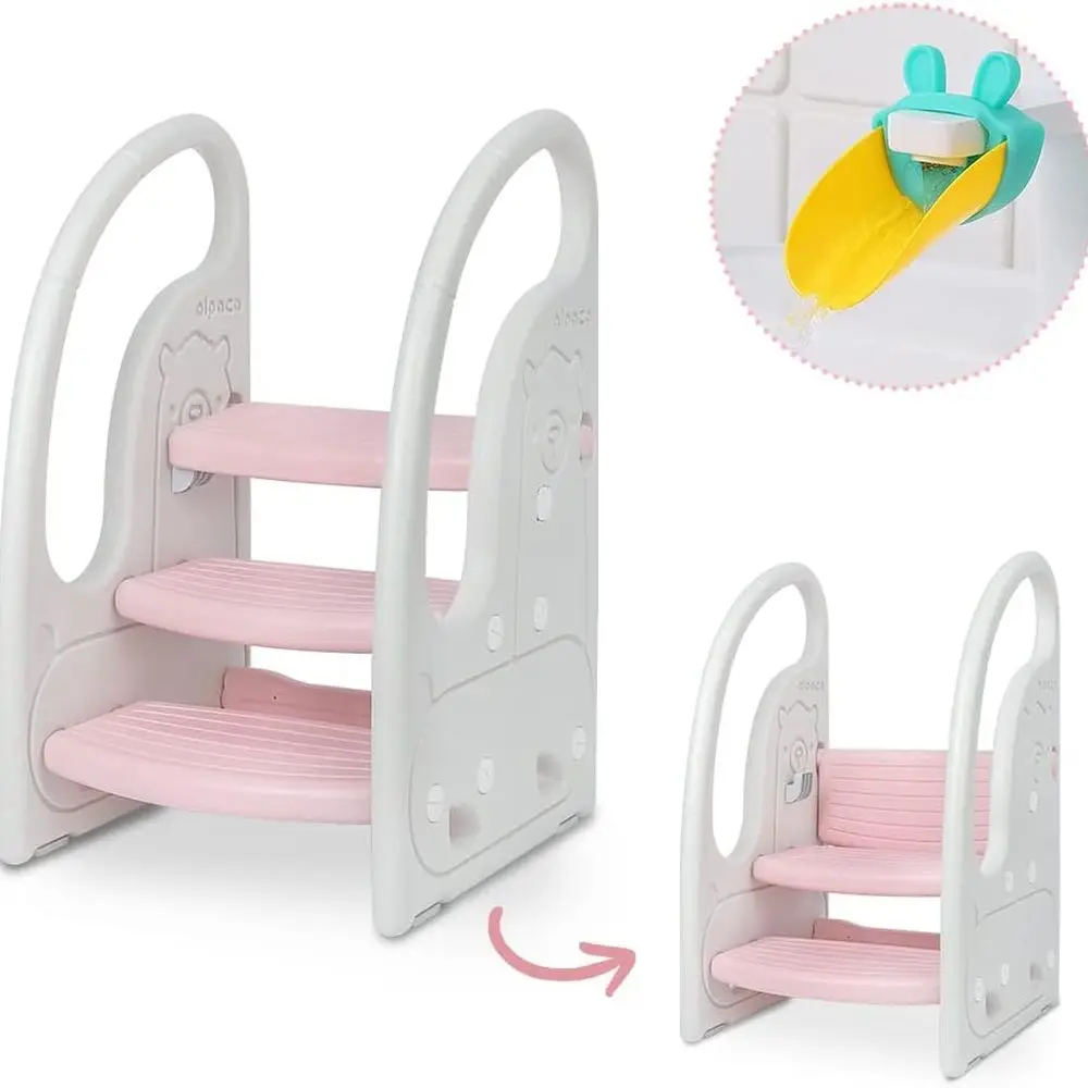 Plastic 3-Step Toddler Stool with Handles, Non-Slip Pads for Kitchen, Bathroom, Toilet Training - Pink & White