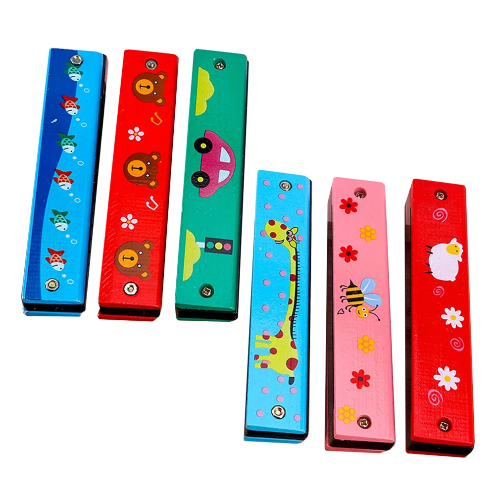 6 Pcs Harmonica Students Wooden Plaything Childrens Toys Small Instrument Cartoon Beginner