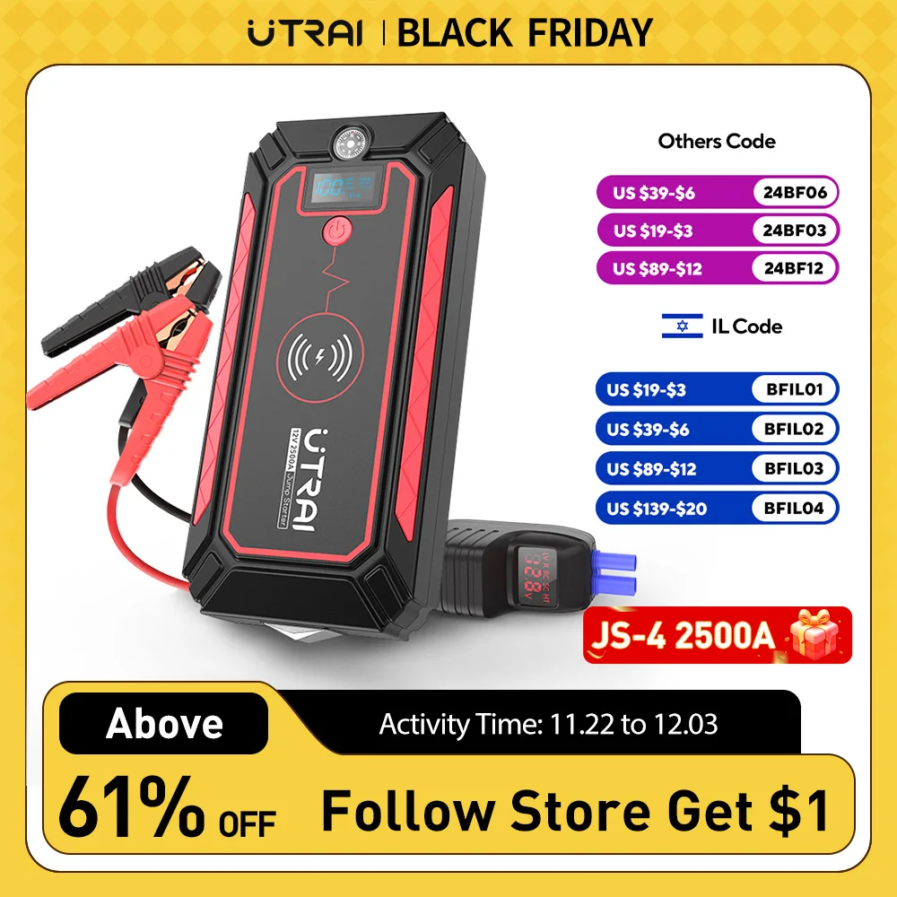 UTRAI Car Jump Starter 2500A Power Bank batteria per auto con caricabatterie Wireless da 10W schermo LCD Safety Hammer Jump starter