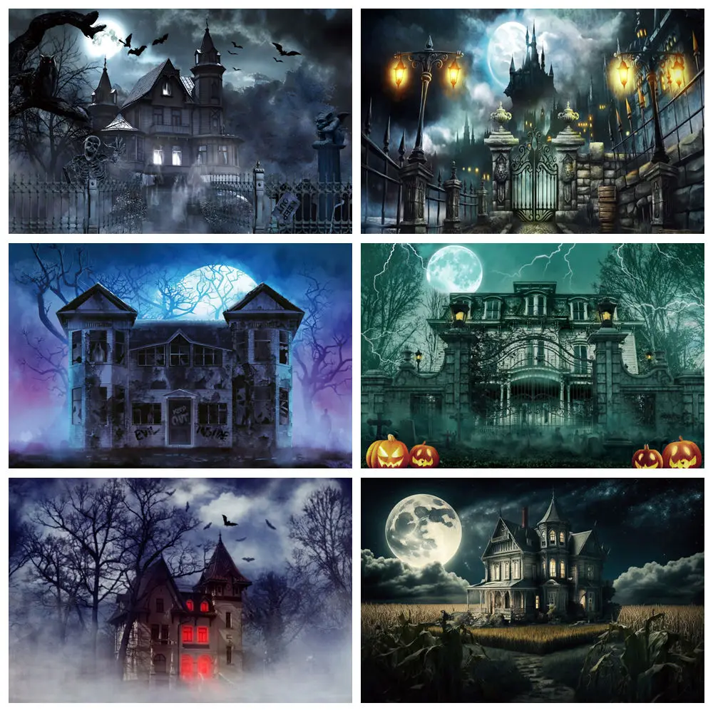 Halloween Castle Backdrop Scary Full Moon Night Horror Haunted House Pumpkin Bat Old Tree Halloween Party Photography Background