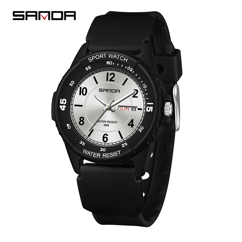 SANDA SD6358 Fashion Men's Quartz Watch Calendar Luminous Waterproof Silicone Strap Sports Student Watches for Man