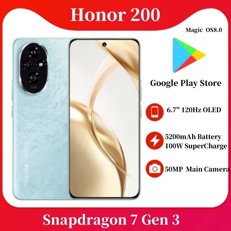 New Original Honor 200 Mobile Phone 5G Snapdragon 7 Gen 3 6.7'' 120Hz OLED Screen 5200mAh Battery 100W SuperCharge NFC Google