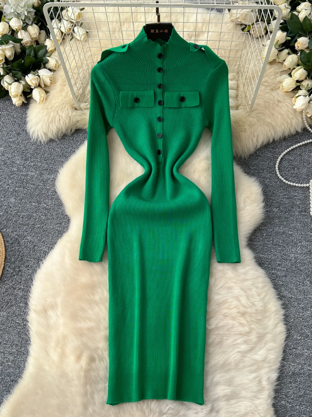 Vestido E de Malha de Cintura Alta para Mulheres, Camada Base Slimming de Outono Inverno, Vestido Longo Estilo Coreano...