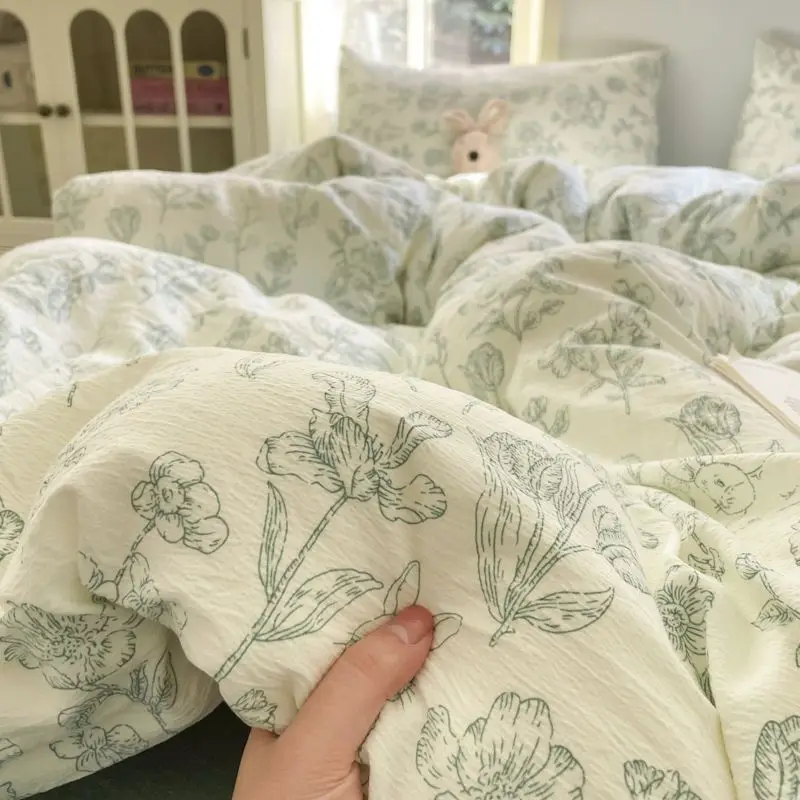 

Cream Blue Ins Bedding Set Soft Floral Duvet Cover No Filler Flat Sheet Pillowcase Girls Single Queen Size Home Textile