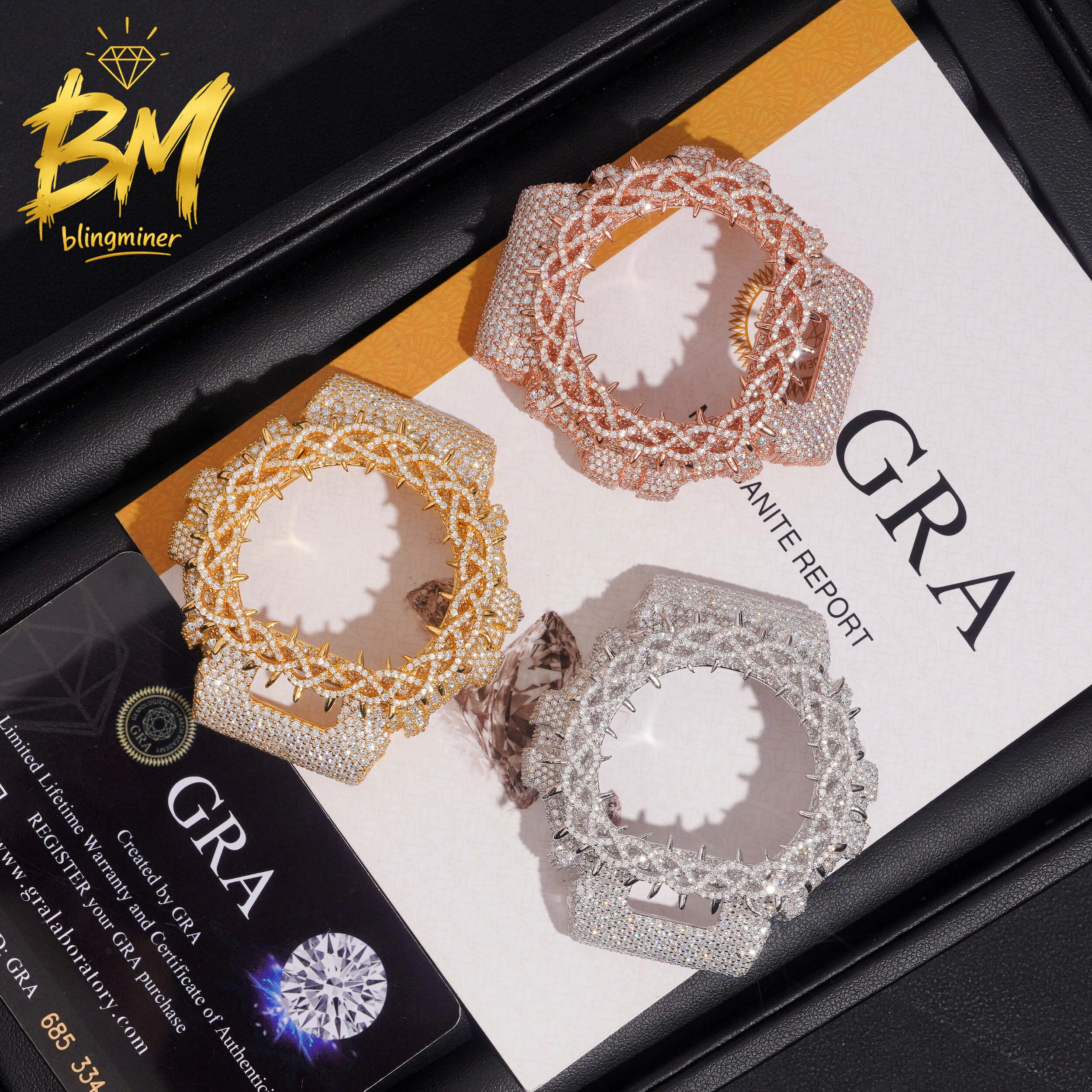 Blingminer CAS** DW6900 VVS Moissanite Watch Case  Brass Can Pass Diamonds Tester With GRA Wrist Diamonds Case Free Shipping