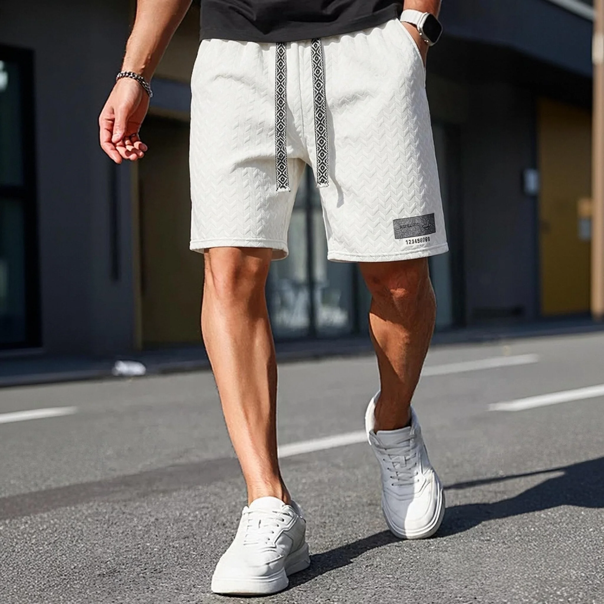 Men Jacquard Textured Casual Shorts Ethnic Braided Drawstring Elastic Waist Label Patch Loose Summer Male Short Pants