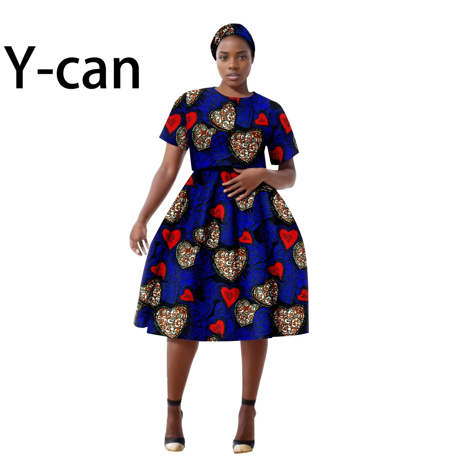 African Women Dress Dashiki Ankara Print O-neck Top and Skirt with Headwrap Wedding Party Clothes Africa Style 2426014