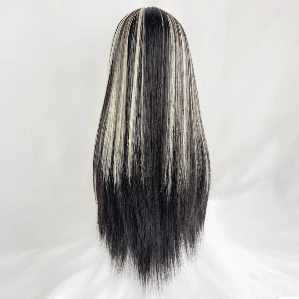 VICWIG Ombre Black Blonde Mixed Wig with Bangs Synthetic Long Straight Natural Women Lolita Cosplay Hair Wigs for Daily Party