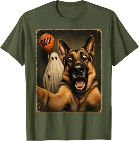 Deutscher Schäferhund Halloween Geister-Selfie Boo Hund Meme Grafik T-Shirt Y2k Gruselige Jahreszeit Hundeselfie Grafik Kleidung für Frauen Männer – Detail 15
