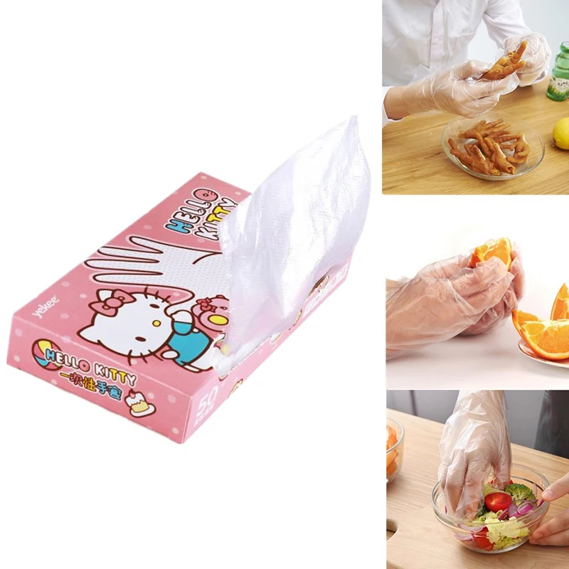 1Box Sanrio HelloKitty Gloves PE Disposable Gloves Transparent Non-Slip Acid Work Safety Food Grade Household Cleaning Gloves