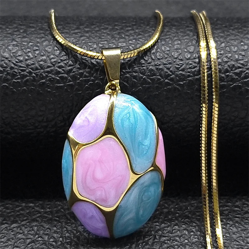 Trendige Rosa Blaue Schwarze Charm-Oval-Anhänger-Halsketten für Frauen und Mädchen, Edelstahl, Goldfarben, Damen-Kette, Boho-Geschenk-Schmuck – Detail 4