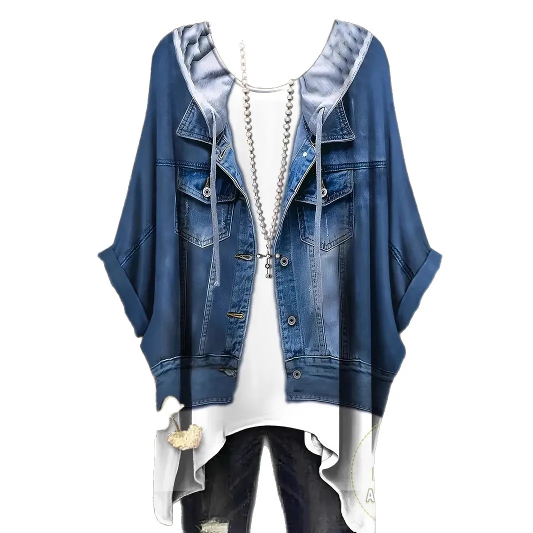 

Women's Plus Size Spring and Summer Hot Selling Casual Animal Denim Printed Loose Round Neck Comfortable Leisure Women's Top