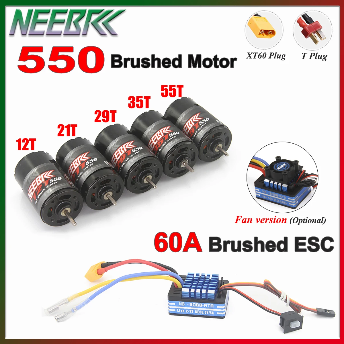 NEEBRC 550 Brushed Motor 12T 21T 29T 35T 55T 60A ESC Brushed Speed Controller for 1:10 RC Crawler Car SCX10 Axial Traxxas Wltoys
