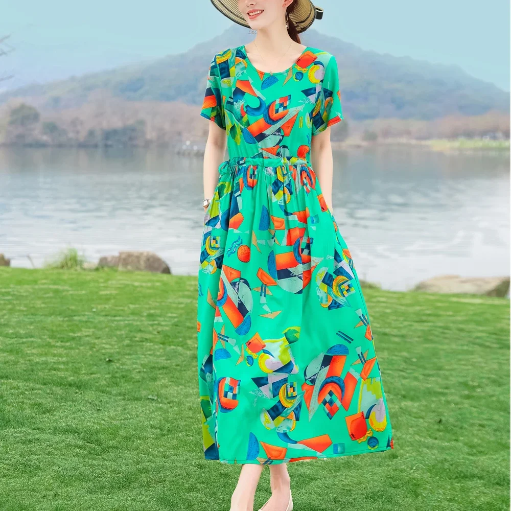 

New Fashion Print Oversize Long Dress For Women short Sleeve Dresses Female 2023 Summer Casual Dresses Lady B198