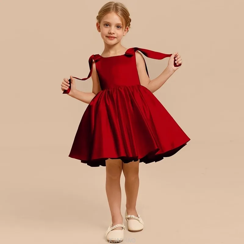 2025 Red Girls Satin Short Dress Princess Party Gown Costume Piano Violin Recital Pageant Outfit Birthday Performance Children