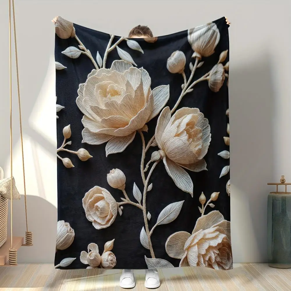 1pc Embossed floral pattern blanket, polyester fabric, machine washable, suitable for bedroom and living room decoration