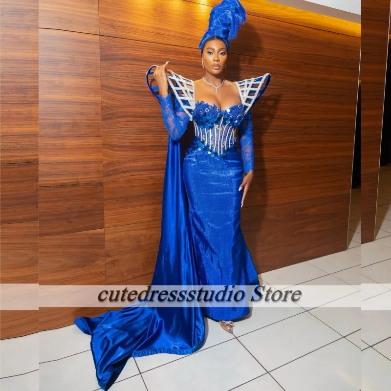 Design Aso Ebi Royal Blue abiti da sera 2025 manica lunga Sweetheart Mermaid Prom Gown perline Ankara Style Wedding Party Dress