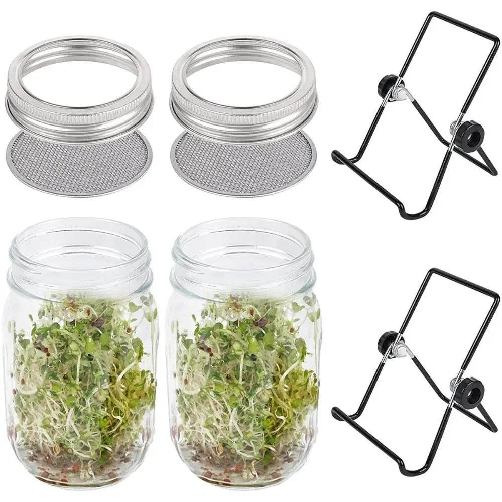 Kit de tarros para brotes de semillas, tarros de albañil con soporte de acero inoxidable, cubierta de germinación de brotes