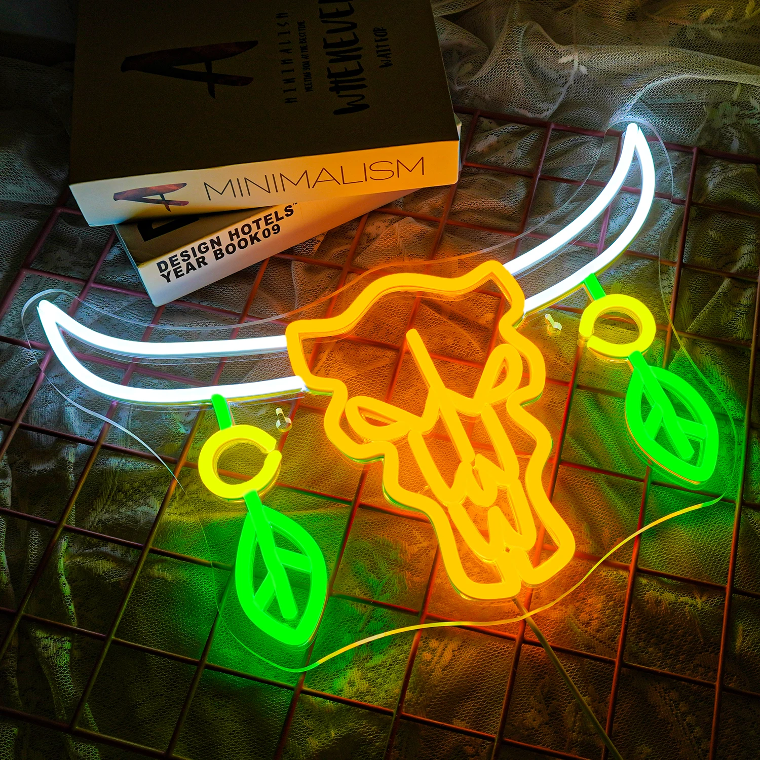 Ox Head Bone Neon Sign Art Wild Hanging Decor Cow Skull Led Light Up Sign Dimmable Game Room Decoration For Bar Home Party