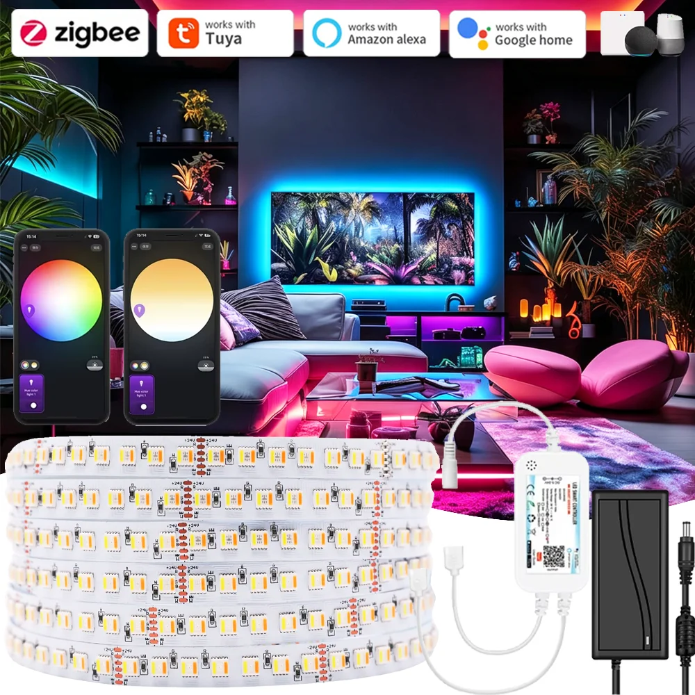 Tuya Zigbee 24V 5050 RGBCCT 5 in 1 LED Light 6pin RGBW RGBCW RGBWW Strip Lights APP/Voice/Control for Alexa Google Home Decor