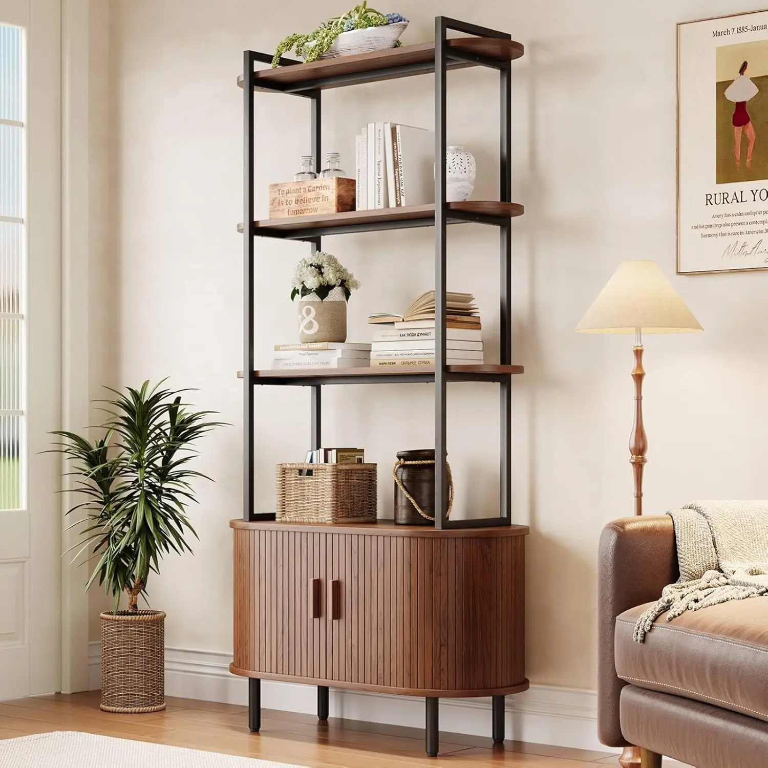 SGIAWETA-5 Tier Tall Bookshelf with Cabinet, Fluted Bookcase with Sliding Door, Metal and Wood Display Shelf-birthday