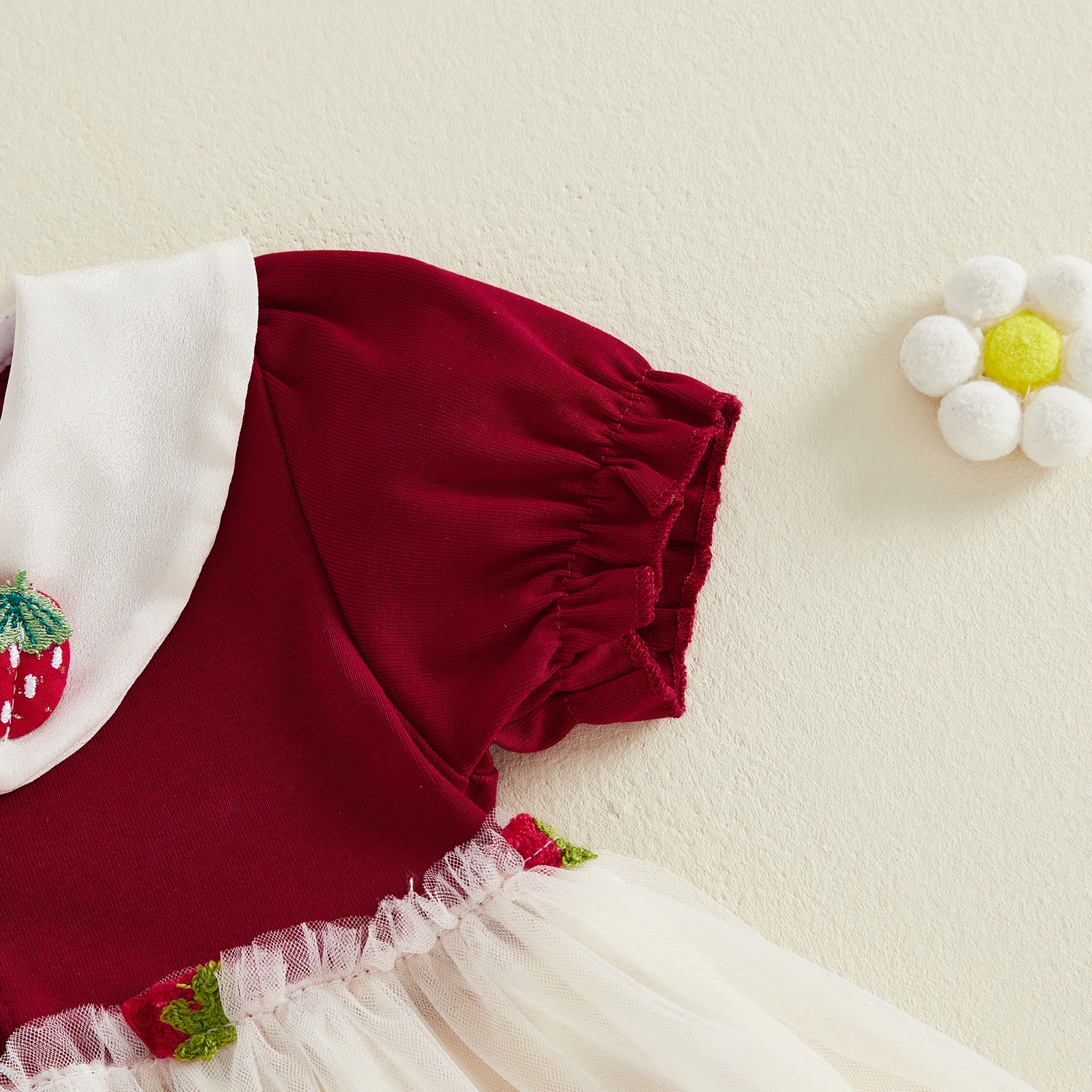 

Летнее платье для малышек с клубничным принтом, из тюля, с воротником-стойкой, короткими рукавами, А-силуэта, для праздников и вечеринок