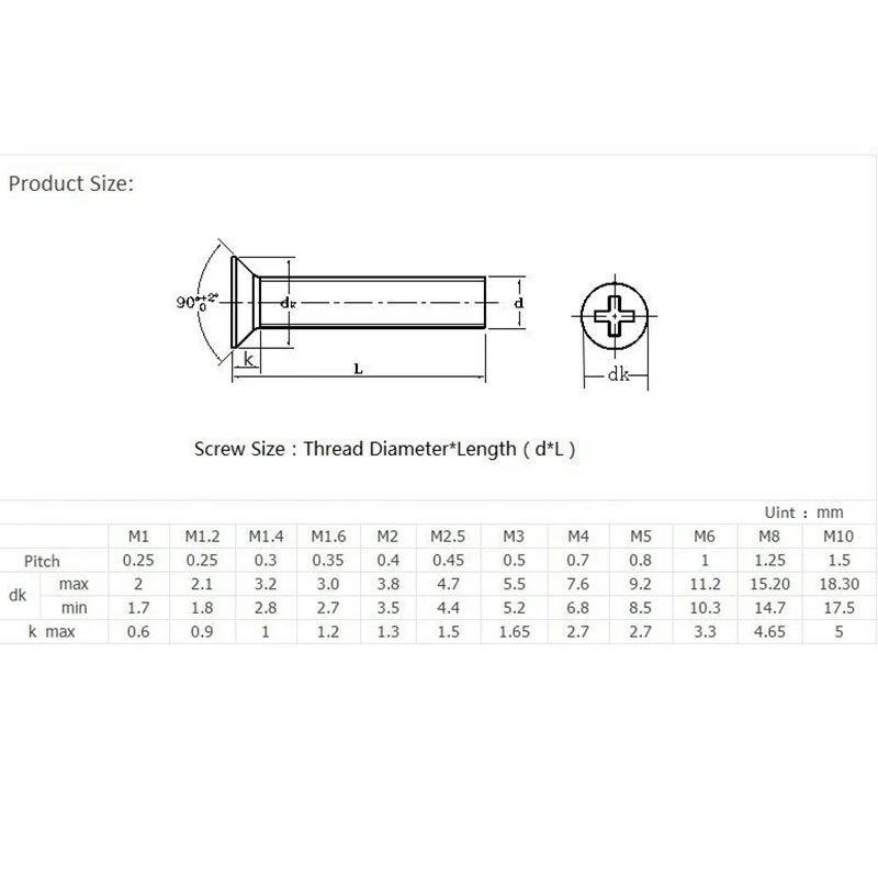 Vis à tête fraisée plate Phillips croisées en acier inoxydable M1.2 304, boulons GB 819 DIN 965