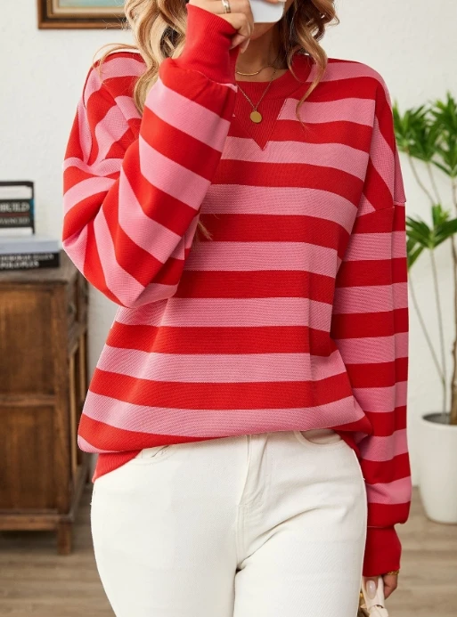 Women's Fashion Casual Hoodie 2025 Autumn/Winter Latest Top Double Color Striped Round Neck Long Sleeve Loose Sports Shirt