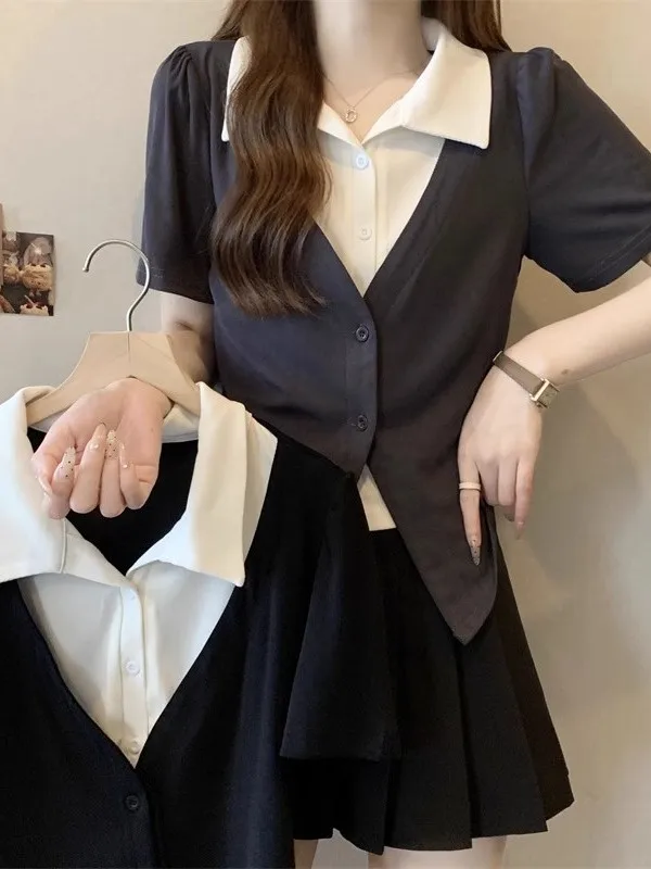 

Женский летний топ больших размеров, имитация двухслойного дизайна, корейский стиль, стройнящий, скрывающий недостатки, для повседневной носки