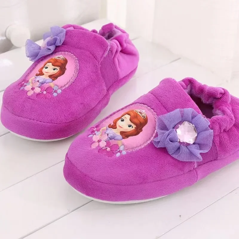 New Autumn Winter Disney Baby Girls Cotton Slippers Princess Cartoon Sofia Print Children Soft Indoor Anti Slip Kids Home Shoes