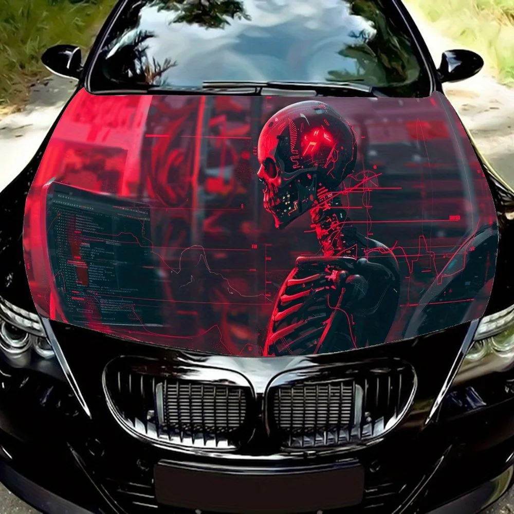 

Cyberpunk Style Unique Red Skull Car Hood Vinyl Wraps Sticker, Car Engine Decal, Waterproof Self-adhesive Car Packaging Cover, U