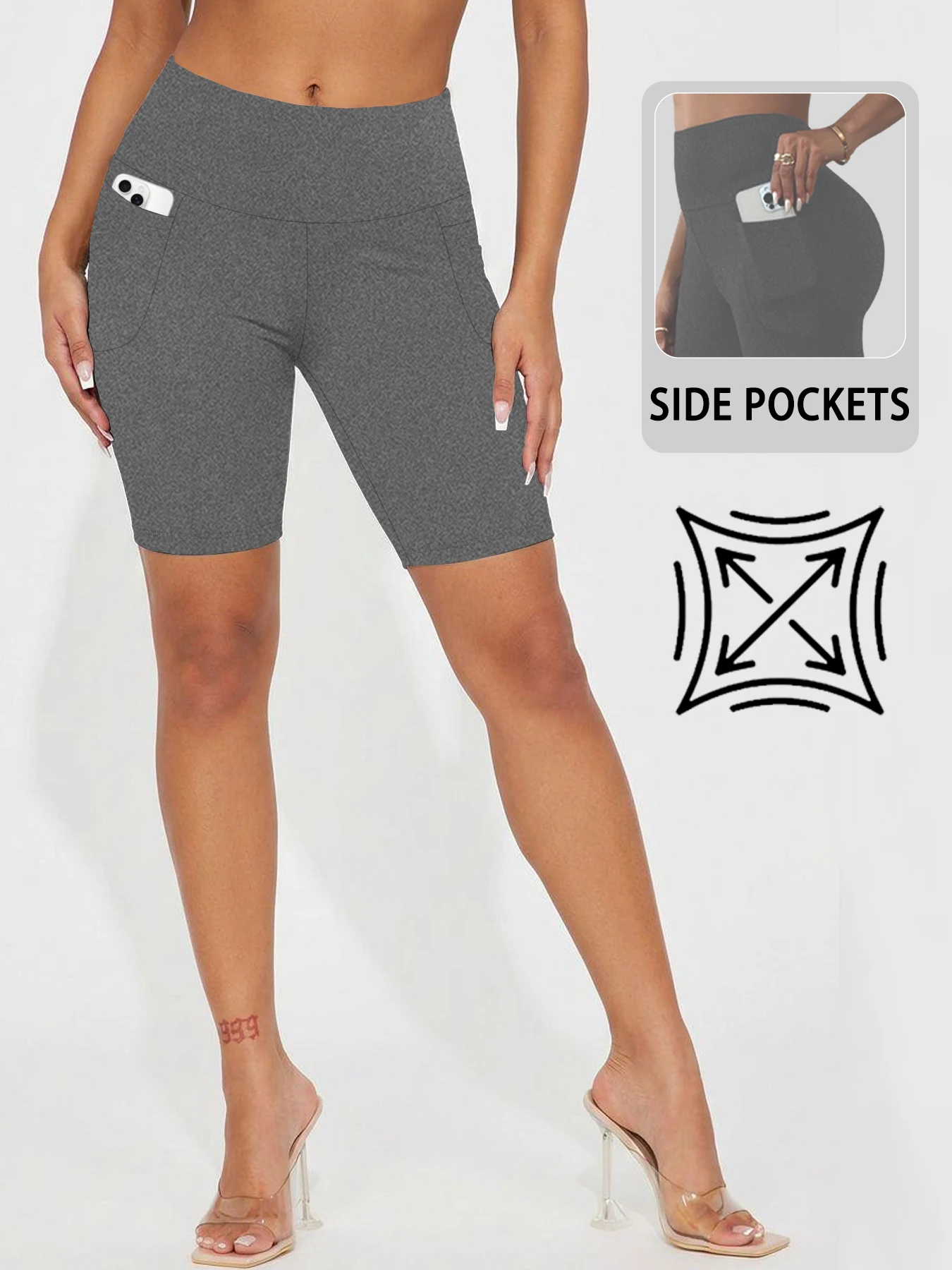 Hoch taillierte Biker-Shorts für Damen mit Taschen, superweiche, bauchkontrollierende Workout-, Lauf-, Yoga- und Sportshorts – Detail 12