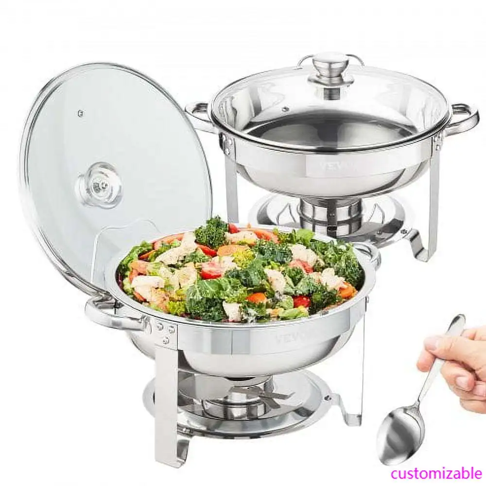 

2-Pack Round Chafing Dish Set with Full-Size 4Qt Pan Glass Lid Fuel Holder