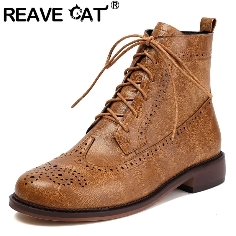 

REAVE CAT 2025 Модные женские ботильоны с круглым носком на блочном каблуке 3,5 см на молнии со шнуровкой размера плюс 46 47 48 Повседневная повседневная женская обувь