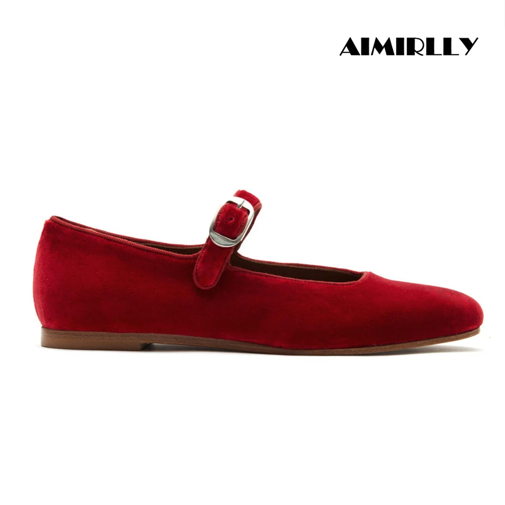 

Elegant Women's Flat Shoes Round Toe Flats Mary Jane Buckle Strap Ladies Comfortable Pumps Footwear Velvet Red Customized Shoes